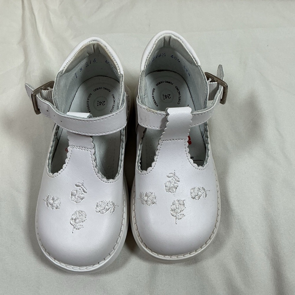 Dogi Girls White Leather Mary Jane Shoes Silver Floral Made Mexico